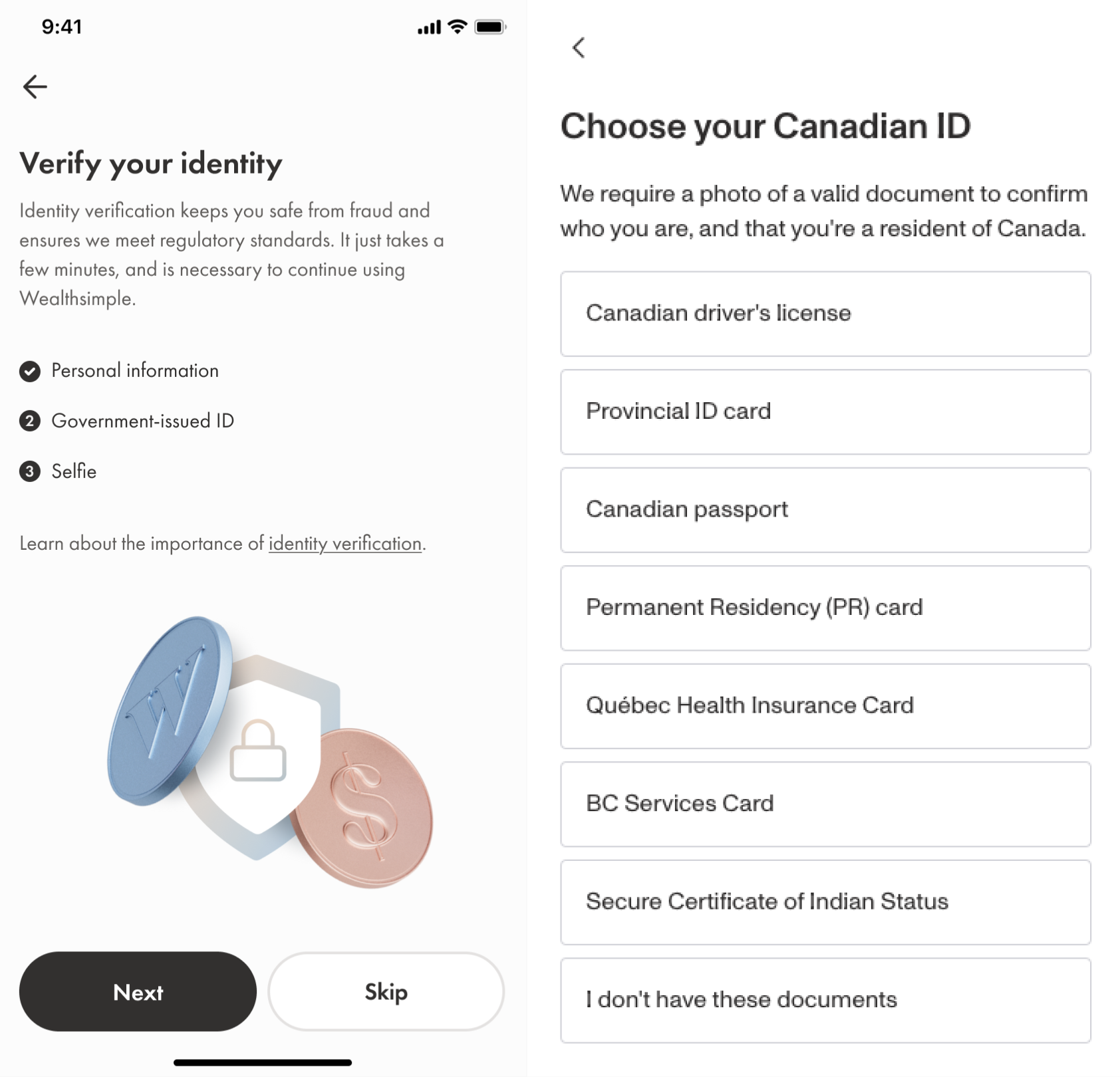 a mobile screen with the ID options available to verify your identity