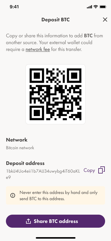 A screen from the Wealthsimple Trade app showing a QR code and a string of numbers and letters that represent a crypto deposit address