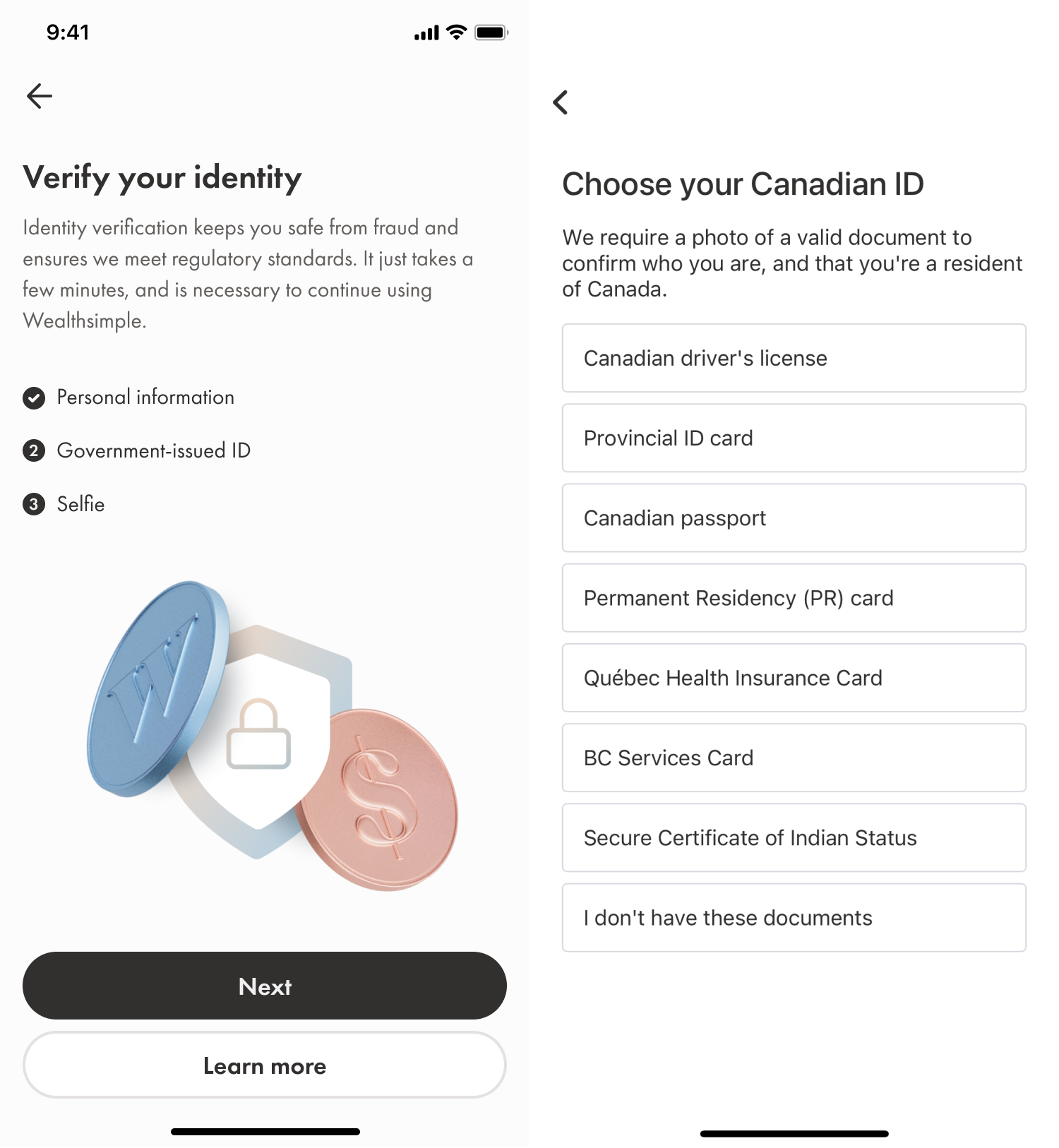 Choisissez un type de pièce d'identité pour vérifier votre identité dans l'appli mobile